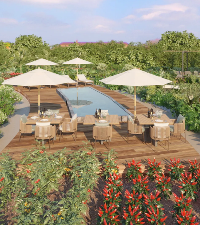 Rooftop pool and dining area at LENEVA LOFT, a luxury vacation rental in Tulum.